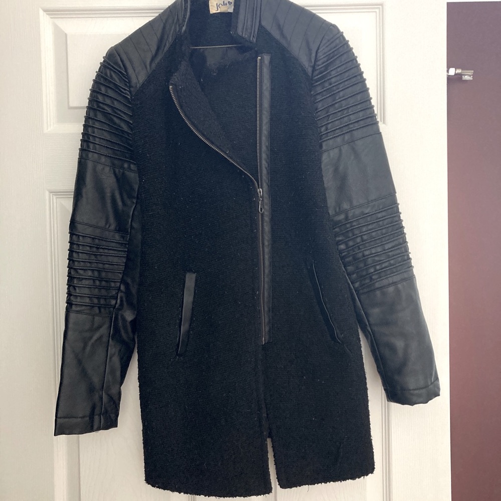 Warm coat from Nordstrom. Leather sleeves and angled zipper.